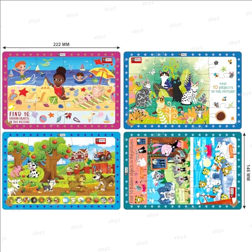 Image of ABYZ Wooden Jigsaw Puzzle - Wolves & Tigers, Farm Animals, Cats in Jungle, Beach Play, Playset for Little Explorers, 63 Pieces - Pack of 4 | Birthday Gift for (3 Plus Years) Age Kids.