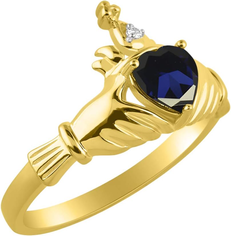 Rylos Rings for Women 14K Gold Plated Silver Claddah Love, Loyalty & Friendship Ring Heart 6MM Gemstone & Diamond Claddagh Rings Birthstone Jewelry for Women Sterling Silver Rings Size 5-13