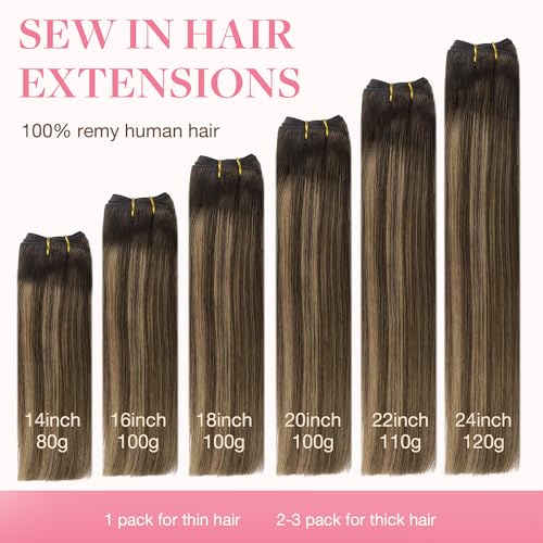 Image of GOO GOO Sew in Hair Extensions Real Human Hair, Weft Hair Extensions Human Hair, 4 /27 /4 Balayage Chocolate Brown to Caramel Blonde 18inch 100g, Weft Bundles Straight Silky Remy Hair
