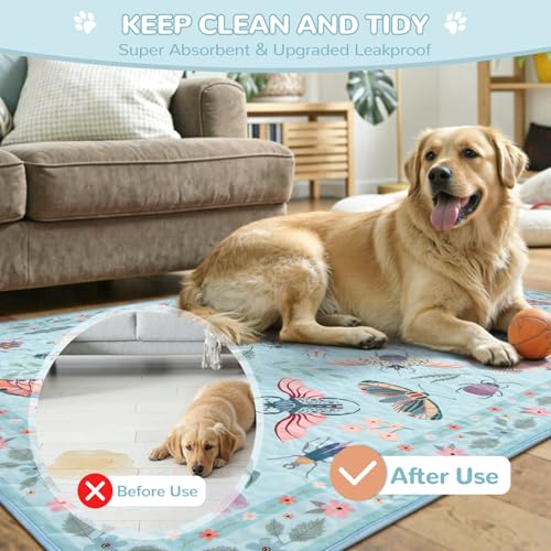 Image of Lahome Insect Washable Reusable Pee Pads for Dogs, 2 Pack, Blue, 36x48 | Waterproof, absorbent pet mats with non-slip backing and butterfly print; suitable for crates, floors and potty training.