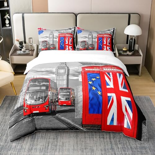 Homemissing Les Filles London Big Ben Parure de lit Cabine Téléphonique Rouge Housse de Couette 140x200cm 100% Coton pour Garçons Hommes Gris UK Thème...
