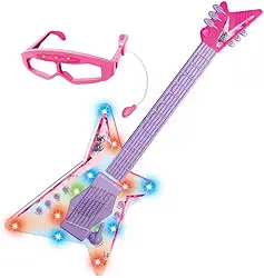 DM Toys Guitarra de Brinquedo com Óculos Microfone Rock Show Rosa