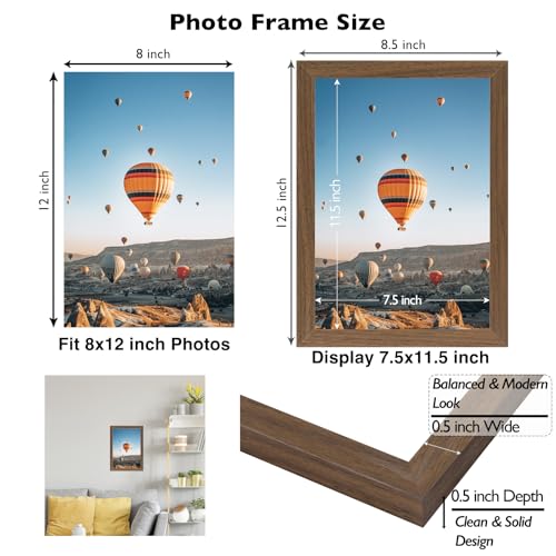 Image of JCJMY 8x12 Picture Frame Brown for Wall Hanging or Tabletop, Wall Mounting Horizontally or Vertically, 8 x 12 Wall Gallery Poster Photo Frame with Shatter Resistant Plexiglass, Brown
