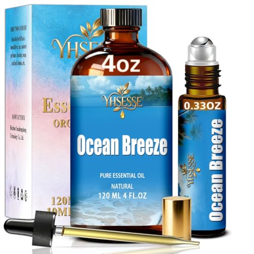 Ocean Breeze Essential Oil Ocean Breeze Oil 4 Fl Oz 120ml for Diffuser Yoga Soap & Candle Making with 0.33 Oz Roller Ball & Dropper YHSESSE Essential Oils
