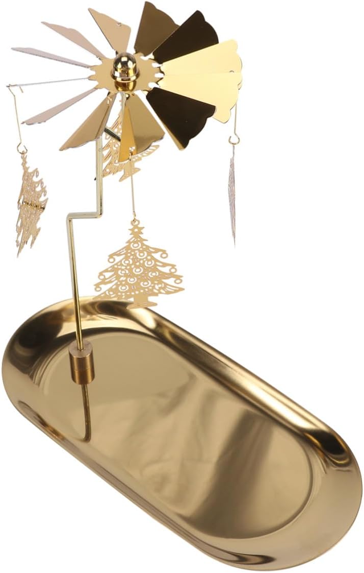 Christmas Candle Holder Tray with Rotating Gold Metal Christmas Tree Stand for Table Centerpiece Seasonal Home Decor