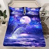 Ocean Dolphin Fitted Sheet Deep Pocket Twin Galaxy Coastal Bedding Set for Kids Teen Girls Boys Star and Moon Bed Sheets Sea Animal Starry Sky Fitted Bed Sheet Marine Bedroom Decor 1 Pillow Case