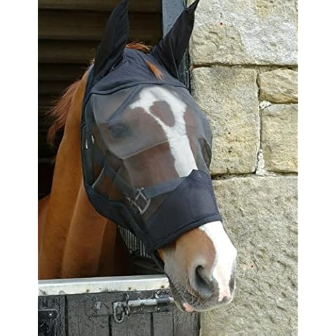 Black or White Padded Mesh Fly Mask Hood with Ears Horse and Pony Size (Pony, Black) Cover