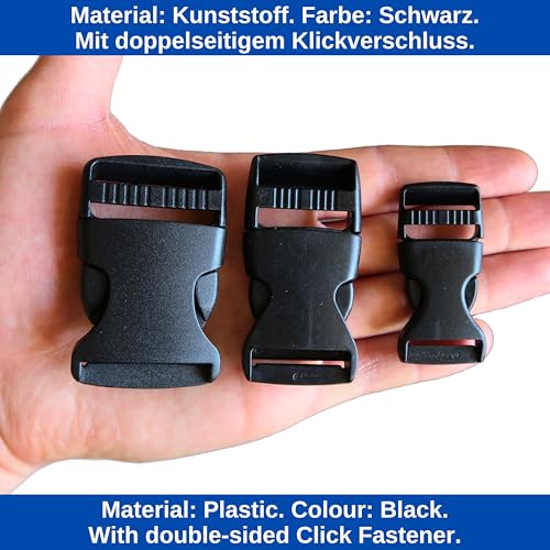 Steckschnallen Set, 24 Stück, jede Größe 4 Mal, 15 mm, 20 mm, 25 mm, 32 mm, 38 mm und 50 mm, in Schwarz, aus Kunststoff, Steckschnallen-Klickverschluss, Ersatz Steckverschluss Reparatur, Gurtschnalle