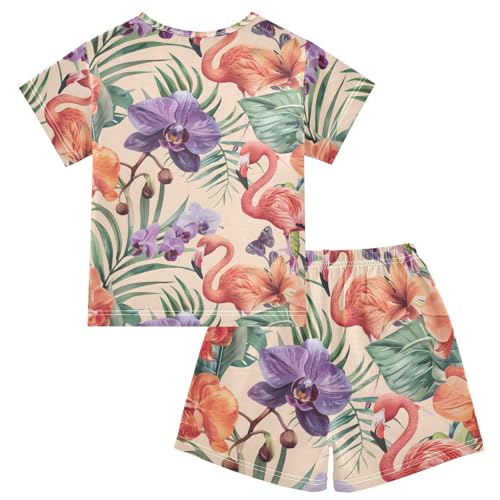 ALAZA Floral Flamingo Palm Leaves Pajamas Short Sleeve 2 Piece Sleepwear Top and Bottom Pajama Set Unisex2