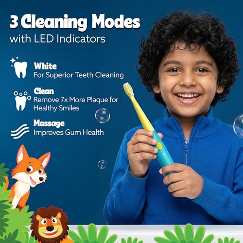Image of AGARO Rex V2.0 Sonic Kids Electric Toothbrush, 35,000 Strokes /Min, 2-Min Smart Timer, USB-C Rechargeable(Up to 21 Days), 3 Modes, 2 Soft Replaceable Brush Heads, IPX7 Waterproof Gentle for Kids' Teeth