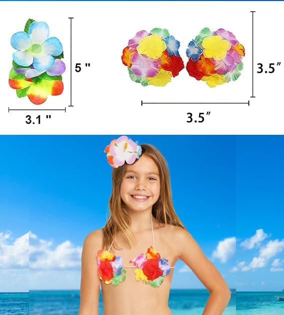 PHOGARY Hula Skirt Costume Accessory Kit Luau Party Dress Up for Girls, Hawaiian Hula Dancing Skirt Set with Flower Bikini Top, Hawaiian Lei, Hibiscus Hair Clip, Pineapple Sunglasses 40 CM Purple - Image 4