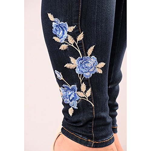 CHICFOR Womens High Waist Slim Fit Flower Embroidery Skinny Pencil Denim Jeans with Pocket (XL, Dark Blue)4