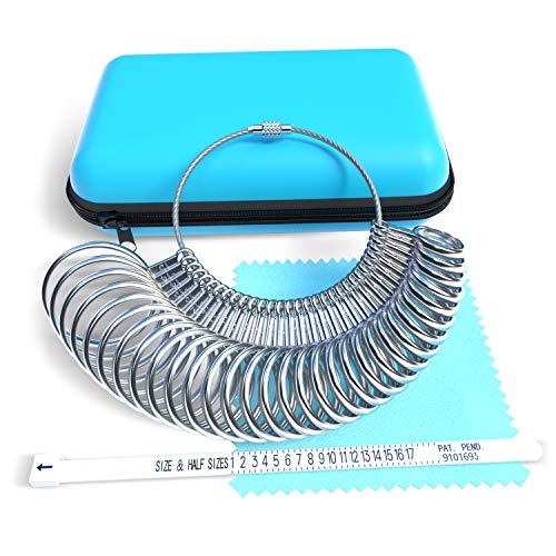 Ring Sizer Measuring Tool Set,Stainless Steel Finger Sizer Measuring Ring & Jewelry Making Tool,US Size 0-15 31 Pcs, Comes with Dedicated Storage Box, Ring Gauge Soft Ruler, Polishing Cloth-Sky-Blue