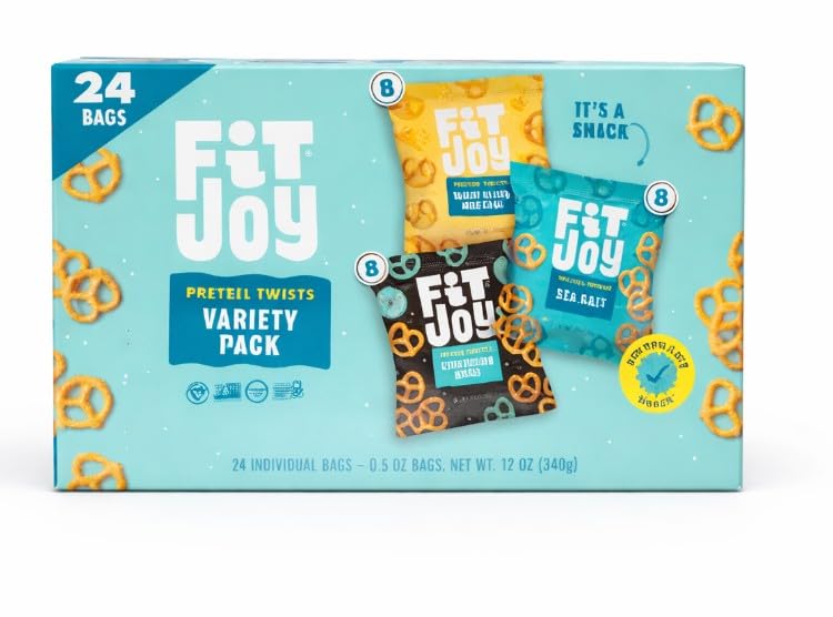 FitJoy Pretzel Twists Variety - Tangy Dijon Mustard, Sea Salt, Everything Bagel - Pack of 24 (0.5 Oz)