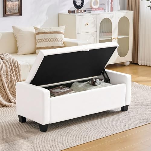 Image of Huatean Home 43 inch Ottoman with Storage, White Storage Ottoman Bench with Safety Hinge, Upholstered Entryway Bench with Seating for Bedroom, Living Room, Holds up to 330 lb