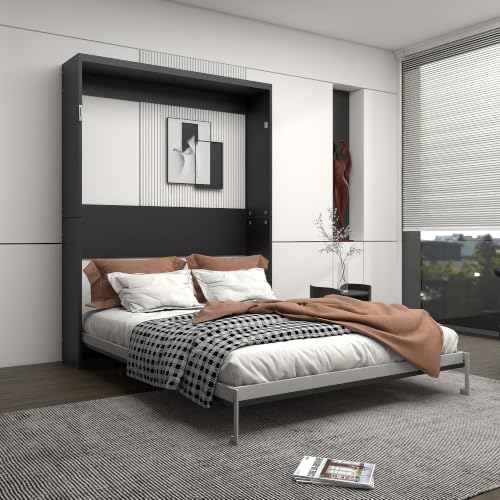 Image of KEIKI Queen Size Vertical Cabinet Murphy Bed with Solid Slats, Black | Multifunctional Foldable Hideaway Wall Metal Bed Frame, No Box Spring Needed, Easy Assembly, for Bedroom, Guest Room