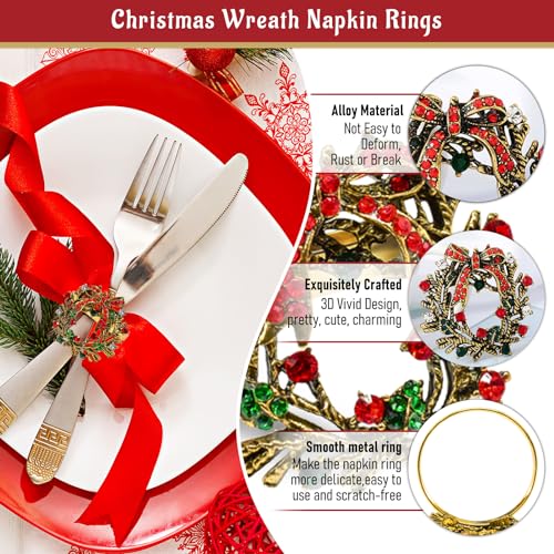 Image of Legigo Set of 6 Christmas Wreath Napkin Rings Set- Metal Xmas Napkin Ring Holders for Cloth Napkins, Christmas Holiday Party Dinner Table Decoration