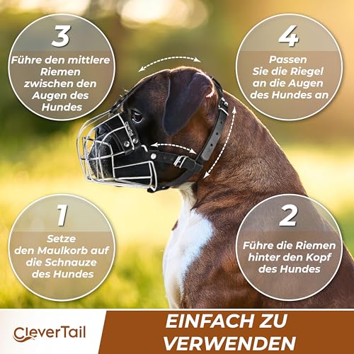 CleverTail Metall-Maulkorb für große Hunde – Körbchen-Maulkorb mit verstellbaren Lederriemen – Käfig-Maulkorb zum Verhindern von Beißen für Hunde mit kurzer Schnauze, Boxer, Bulldogge