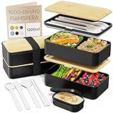 Umami Bento Fiambrera, Cubiertos y Salsera Incluidos, Antigoteo, Microondas, Fiambrera Compartimentada para Adultos, Negro y Bambú, 1200 m