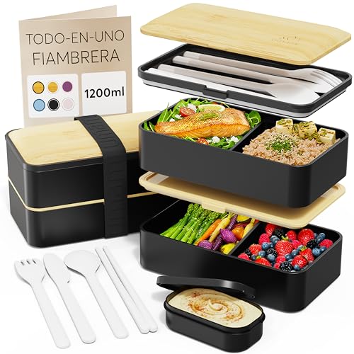 Umami Bento Fiambrera, Cubiertos y Salsera Incluidos, Antigoteo, Microondas, Fiambrera Compartimentada para Adultos, Negro y Bambú, 1200 m