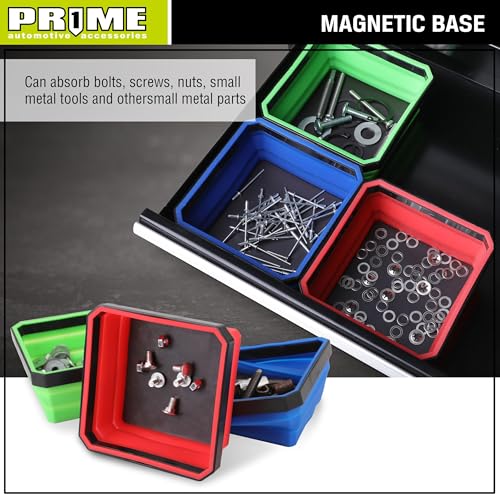 Image of PR1ME Collapsible Magnetic Parts Tray Set, Foldable Magnetic Tray, 3 Pieces 4.25 inch Square Silicone Bowls with Magnetic Base Stores and Organizes Small Parts and Tools (Pack of 2)