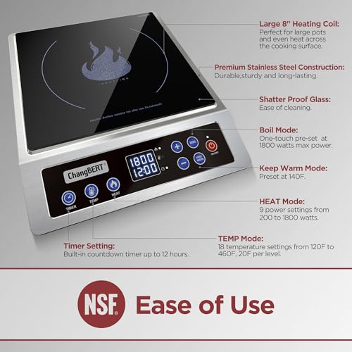 ChangBERT Portable Induction Cooktop, NSF Certified Pro Induction Hot Plate, Powerful 1800W with Large 8" Heating Coil, Premium Stainless Steel, 18 Temp Settings Commercial Grade Countertop Burner