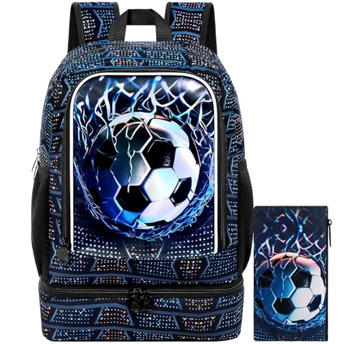 Image of HPJGD 2-in-1 Kids Backpack for Boys, 17 inch Soccer Elementary Bookbag Set with Built-in Lunch Compartment, Water-Resistant School Bag for Preschool - Thrash Net Soccer