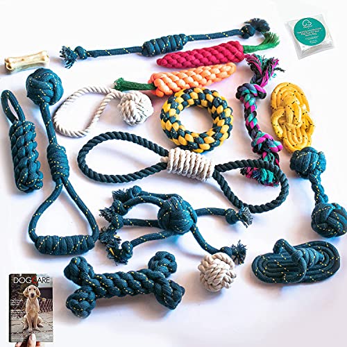 DOGGIE DOG Attractive Cotton Poly Mix Chew Dog Toys Rope for Adult, Small & Medium Dogs for Teething Suitable Small and Medium Puppies with eBook (Bob Barker Blue (16 in 1 Combo))