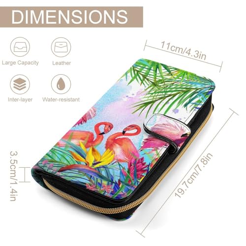 Nugier Women Soft PU Leather Wallet, Zipper Card Case Clutch Credit Bills Money Crash Coin 7.8x4.3x1.4 in Holder Purse Print Tropical Flamingos Palm Trees2