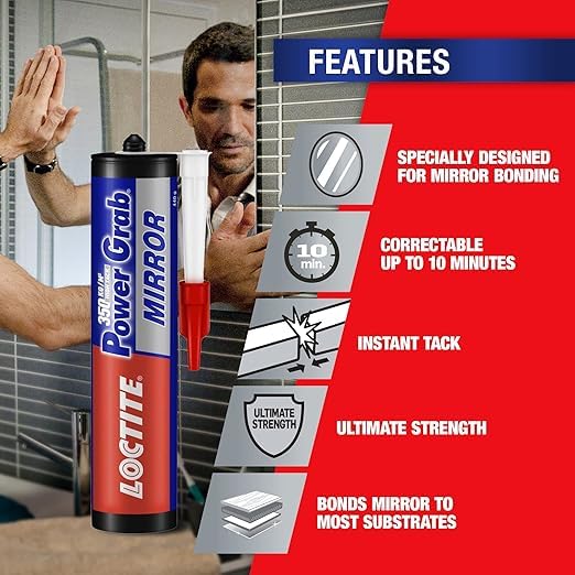 Image of Loctite Power Grab Mirror Construction Adhesive|Ultimate strength|0 second instant grab| High tack adhesive|No-nails and screws| no clamping, DIY|No mixing|Mirrors, glass| waterproof |440g x 12
