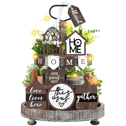 FairySandy 11 Pcs Home Tiered Tray Decor Spring Rustic Farmhouse Tiered Tray Decorations Set Home Wooden Signs Vintage Farm Animal Farmhouse Tabletop Wood Signs for Kitchen Table Shelf Decor