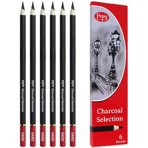 Pepy Professional Hard Charcoal Pencil Set – Set of 6 Pre-Sharpened Black Charcoal Pencils; Perfect for Drawing, Sketching, Blending and Shading