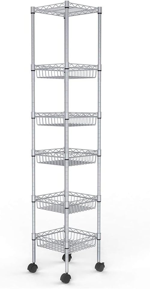 JS HOME Storage Shelves, 6-Tier Wire Shelving Unit with Baskets, 13.4" D x 13.4" W x 63" H, Silver