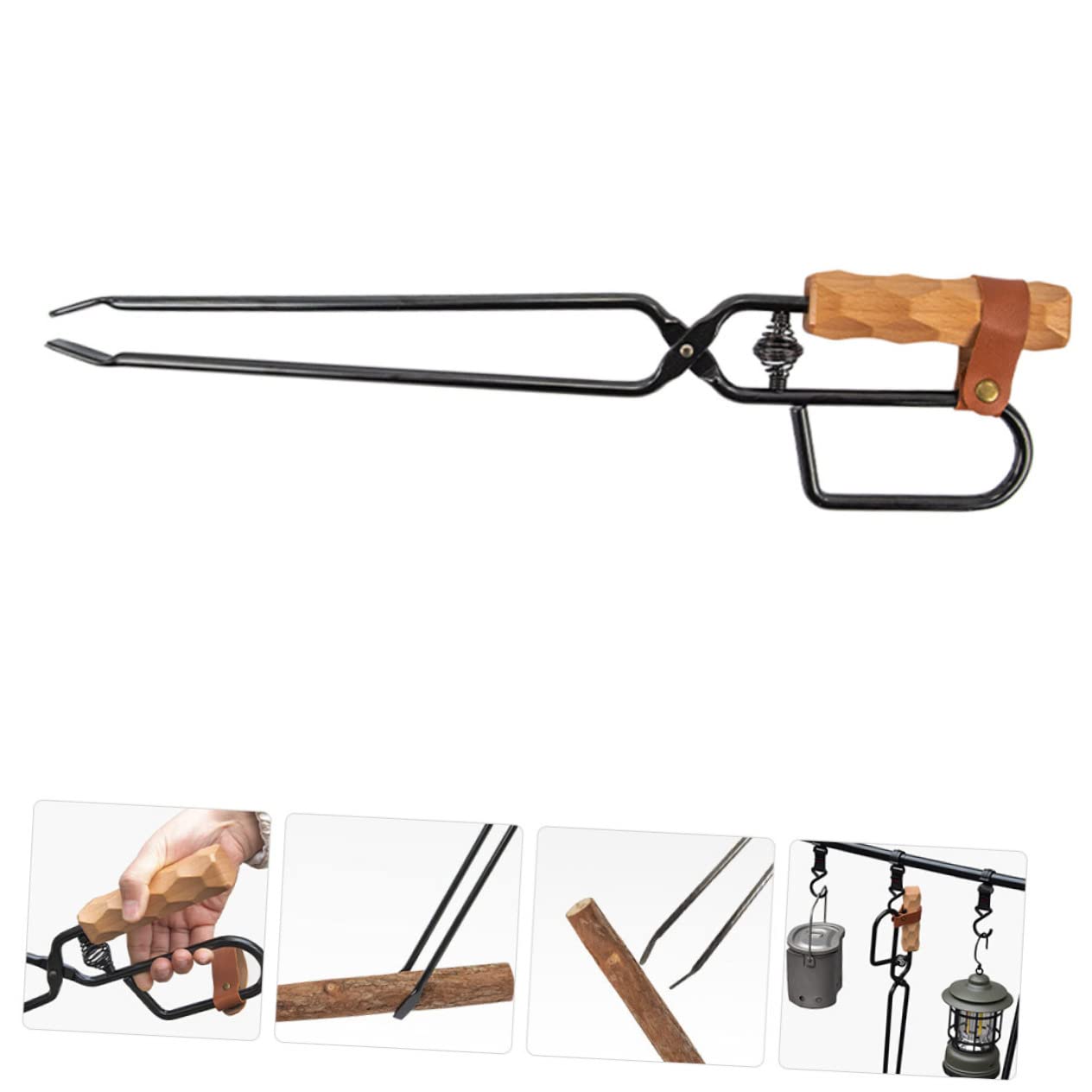 Pinza per Carbone da Barbecue in Ferro e Legno, 1 Pezzo | Nera, Uso Cucina e Picnic, Leggera e Robusta, Impugnatura in Pu per Presa Stabile