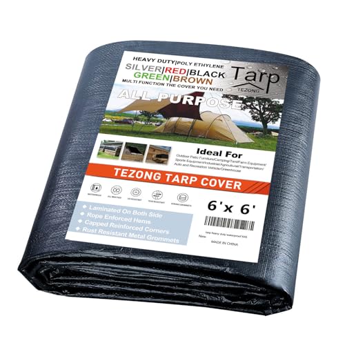 Tarps Heavy Duty Waterproof 6x6ft,TEZONG Black Tarp 12Mil Plastic Tarpaulin Outdoor Tarp Cover for Emergency Rain,Patio Furniture,Wood,Roof,Camping,Car,Pool