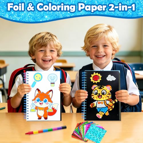 Image of FUNNYB&G Foil Art Craft Kit for Boys 4-10 Years Old: Mess-Free & No-Glue, Create 16 Happy Back to School Pictures - Perfect Travel Toy & Birthday Gift for Kids (Happy Back to School)