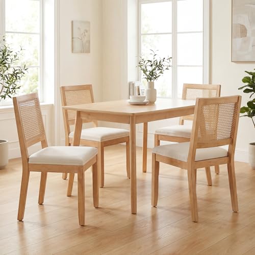 Image of STHOUYN White Rattan Dining Chairs Set of 4 Solid Wood Frame, White Upholstered Seat Kitchen Chairs for Dining Room, Mid Century Modern Farmhouse Style, Comfortable Padded with Natural Finish