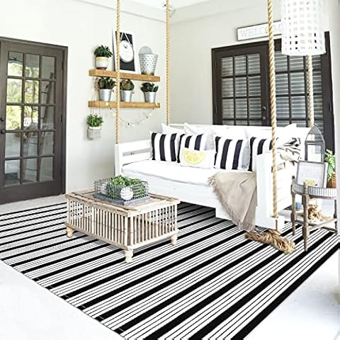Black and White Rug Outdoor Doormat 4'x6', Black Striped Front Porch Rug Welcome Layered Door Mat,Cotton Hand-Woven Reversible Indoor/Outdoor Area Rug Washable Carpet for Patio Farmhouse Living Room Cover