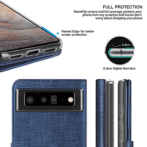 Foluu For Google Pixel 6 Case, Pixel 6 2021 Wallet Case Canvas Flip/Folio Soft Tpu Cover Kickstand Ultra Slim Strong Magnetic Closure Cover For Google Pixel 6 Case 2021 (Blue) #TOP3
