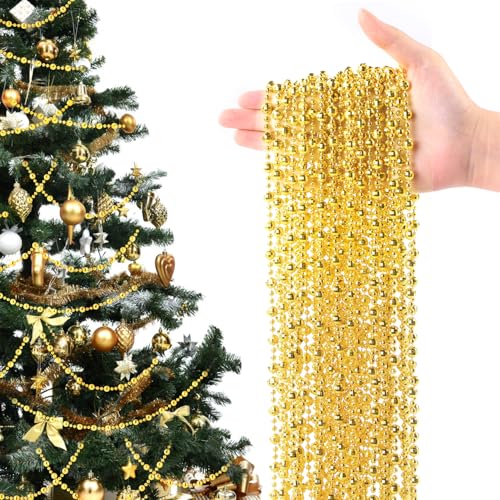 Image of XIMISHOP 20M Christmas Plastic Beads Chain,8+4mm Shiny Gold Artificial Christmas Faceted Rondelle Beads Chain Garland for Xmas Tree Hanging Ornaments Holiday Wedding DIY Decoration Supplies(Gold)