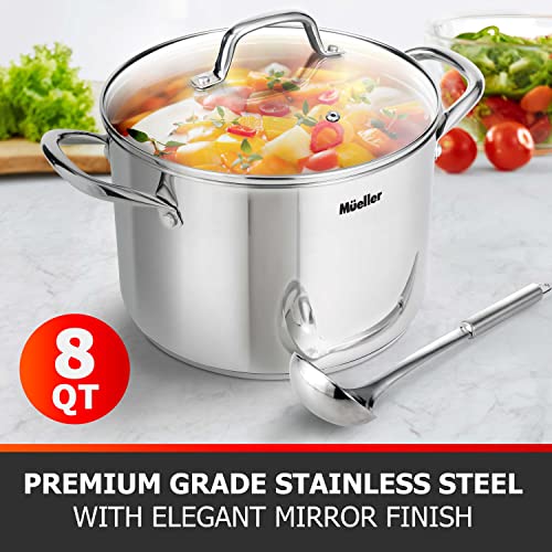 Mueller 8QT UltraClad Tri-Ply Stainless Steel Cooking Stock Pot with Lid and Ladle, Large Pot Capacity for Soup, Broth, Chili, Casserole, Stew, Induction, Oven and Dishwasher Safe Pot