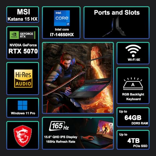 Image of msi Katana 15 HX Gaming Laptop 15.6 inch QHD 165Hz 100% DCI-P3 Intel 16-core i7-14650HX (>i9-12900H) 32GB DDR5 2TB SSD GeForce RTX 5070 DLSS4 (Up to 798 AI Tops) RGB Backlit Type-C Win11Pro ICP Acc