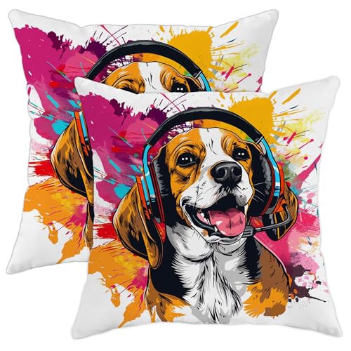 Set di 2 federe per cuscini con cane da DJ, vivaci e colorate, decorazione moderna per autunno e Halloween, decorazione moderna per casa, divano, letto, 40,6 x 40,6 cm