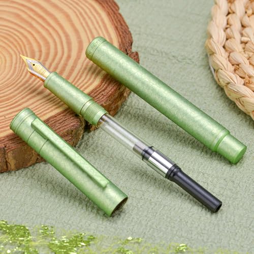 Image of Hongdian 1851 Forest Fountain Pen Applegreen Ice Flowers, Bent Nib Classic Design with Converter and Metal Pen Case