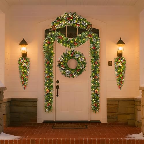 Pre-Lit LED Artificial Christmas Garlands Set of 6-2 Pcs Long Garlands, 2 Pcs Teardrop Decorations, 1 Round Wreath & 1 Arc Garland, Pine Cones, Berry Clusters, Christmas Collection