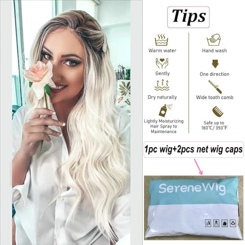 Wstępnie oskubane długie fale, 66 cm, biały blond, ombre, syntetyczna koronka, przednie peruki dla kobiet, na co dzień, do cosplay, naturalne, 60 blond z ciemnymi korzeniami, bezpieczne dla ciepła