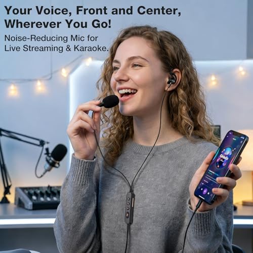 KM08U Sound Card Karaoke Headset with In-ear Monitoring, Voice Changer, Noise Reduction, Portable All-in-One Karaoke Headphone with Mic, Plug & Play Wired Earbuds for Streaming Recording Singing