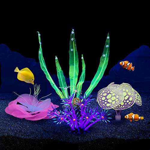 Image of Lpraer 4 Pack Glow Aquarium Decorations Coral Kelp Anemone Lotus Coral Simulation Glow Plant Glowing Effect Silicone for Fish Tank Decorations
