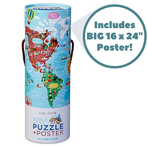 Crocodile Creek 2874-3 Piece Plus Poster World Cities Jigsaw Floor Puzzle, 19" X 13", Blue/Green/Orange/Red/Pink #TOP4
