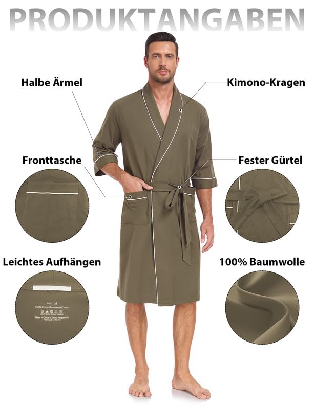 COLORFULLEAF Peignoir léger pour homme - 100 % coton - Avec poche - Taille M à 2XL